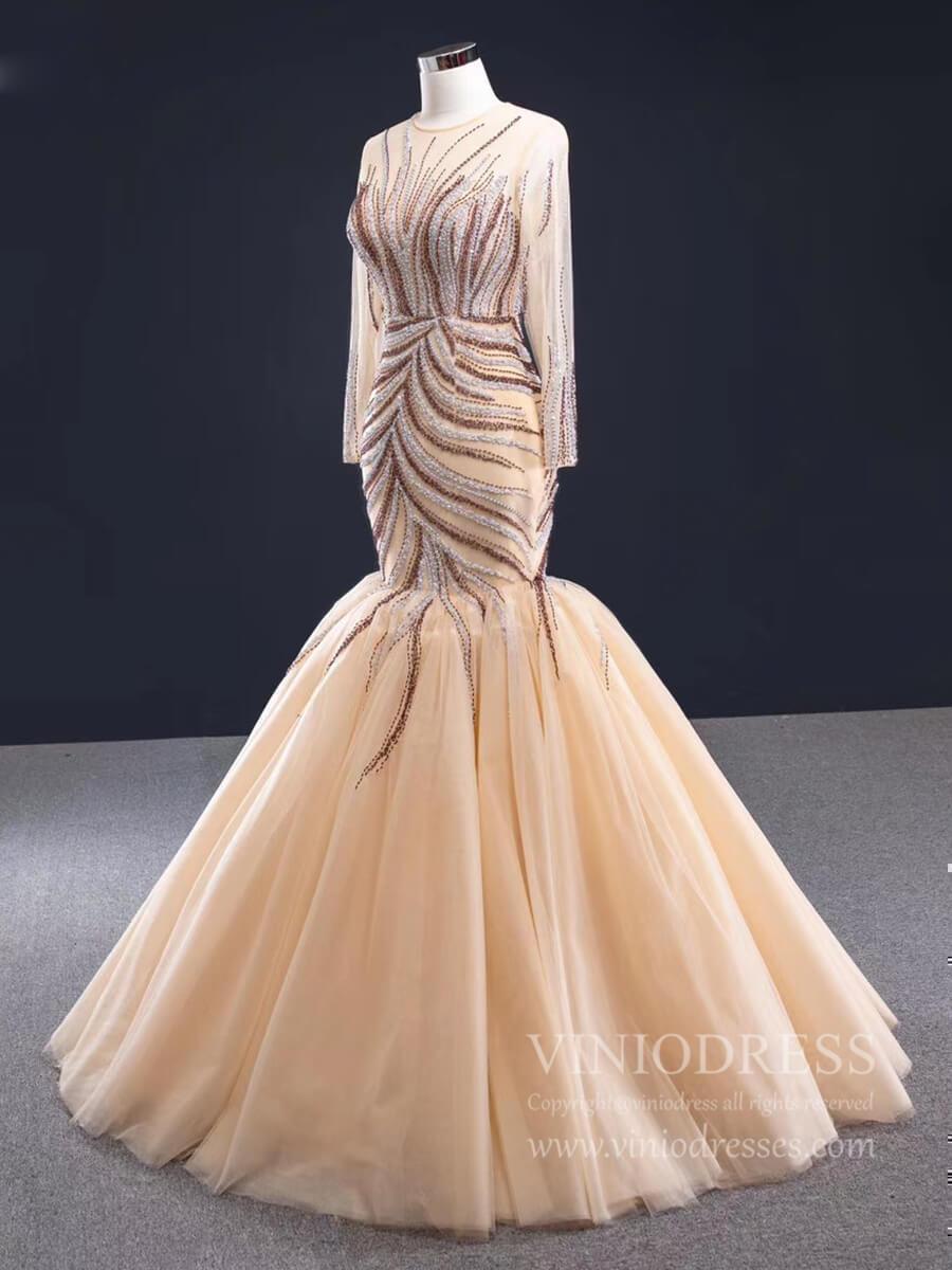 Long Sleeve Beaded Mermaid Prom Dresses Pageant Dress FD1992-Evening Dresses 2025 -Viniodress-As Picture-Custom Size-