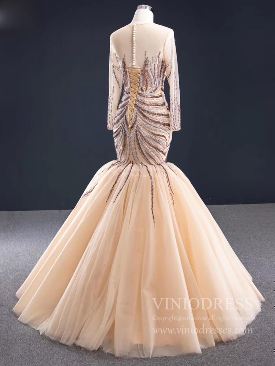 Long Sleeve Beaded Mermaid Prom Dresses Pageant Dress FD1992-Evening Dresses 2025 -Viniodress-As Picture-Custom Size-