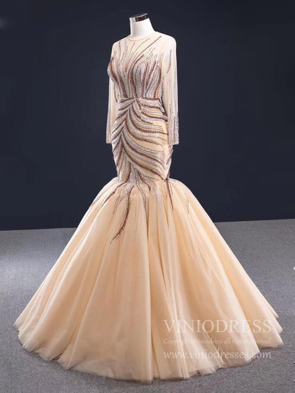 Long Sleeve Beaded Mermaid Prom Dresses Pageant Dress FD1992-Evening Dresses 2025 -Viniodress-As Picture-Custom Size-