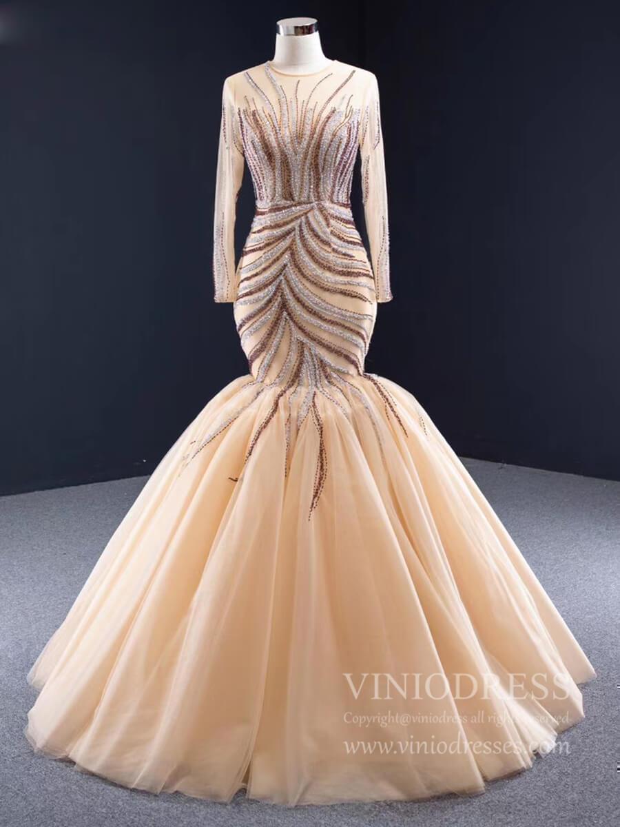 Long Sleeve Beaded Mermaid Prom Dresses Pageant Dress FD1992-Evening Dresses 2025 -Viniodress-As Picture-Custom Size-