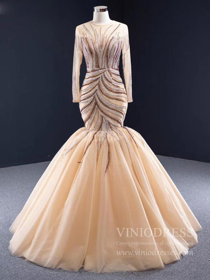 Long Sleeve Beaded Mermaid Prom Dresses Pageant Dress FD1992-Evening Dresses 2025 -Viniodress-As Picture-Custom Size-