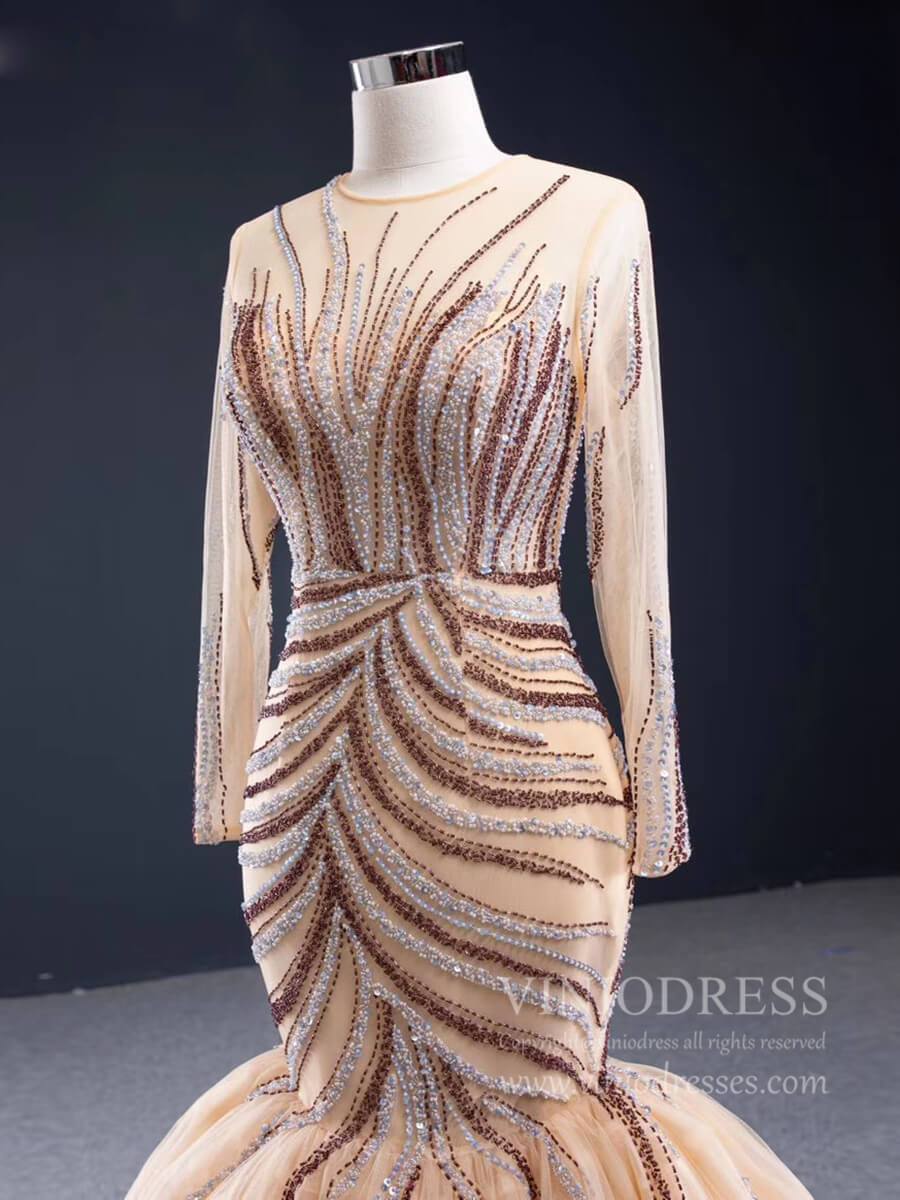 Prom Dress 2025 Long Sleeve Beaded Mermaid Prom Dresses Pageant Dress FD1992-unique prom dresses-As Picture-Custom Size-Viniodress