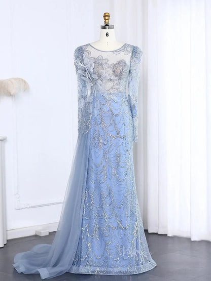 Long Sleeve Beaded Prom Dresses Overskirt Mermaid Vintage Formal Dresses BD002-Evening Dresses 2025 -Viniodress-Light Blue-US 2-