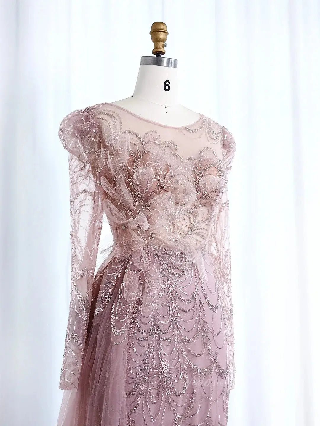 Long Sleeve Beaded Prom Dresses Overskirt Mermaid Vintage Formal Dresses BD002-Evening Dresses 2025 -Viniodress-Light Green-US 2-