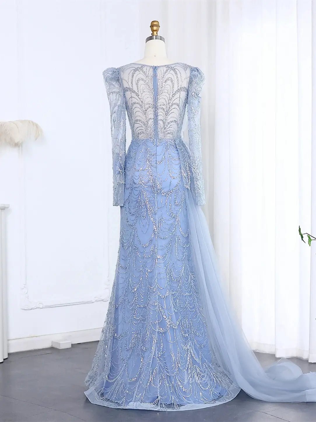 Long Sleeve Beaded Prom Dresses Overskirt Mermaid Vintage Formal Dresses BD002-Evening Dresses 2025 -Viniodress-Light Green-US 2-