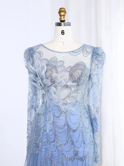 Long Sleeve Beaded Prom Dresses Overskirt Mermaid Vintage Formal Dresses BD002-Evening Dresses 2025 -Viniodress-Light Green-US 2-