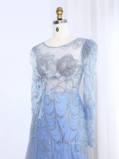 Long Sleeve Beaded Prom Dresses Overskirt Mermaid Vintage Formal Dresses BD002-Evening Dresses 2025 -Viniodress-Light Green-US 2-