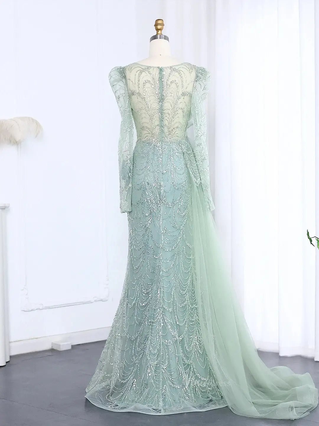 Long Sleeve Beaded Prom Dresses Overskirt Mermaid Vintage Formal Dresses BD002-Evening Dresses 2025 -Viniodress-Light Green-US 2-