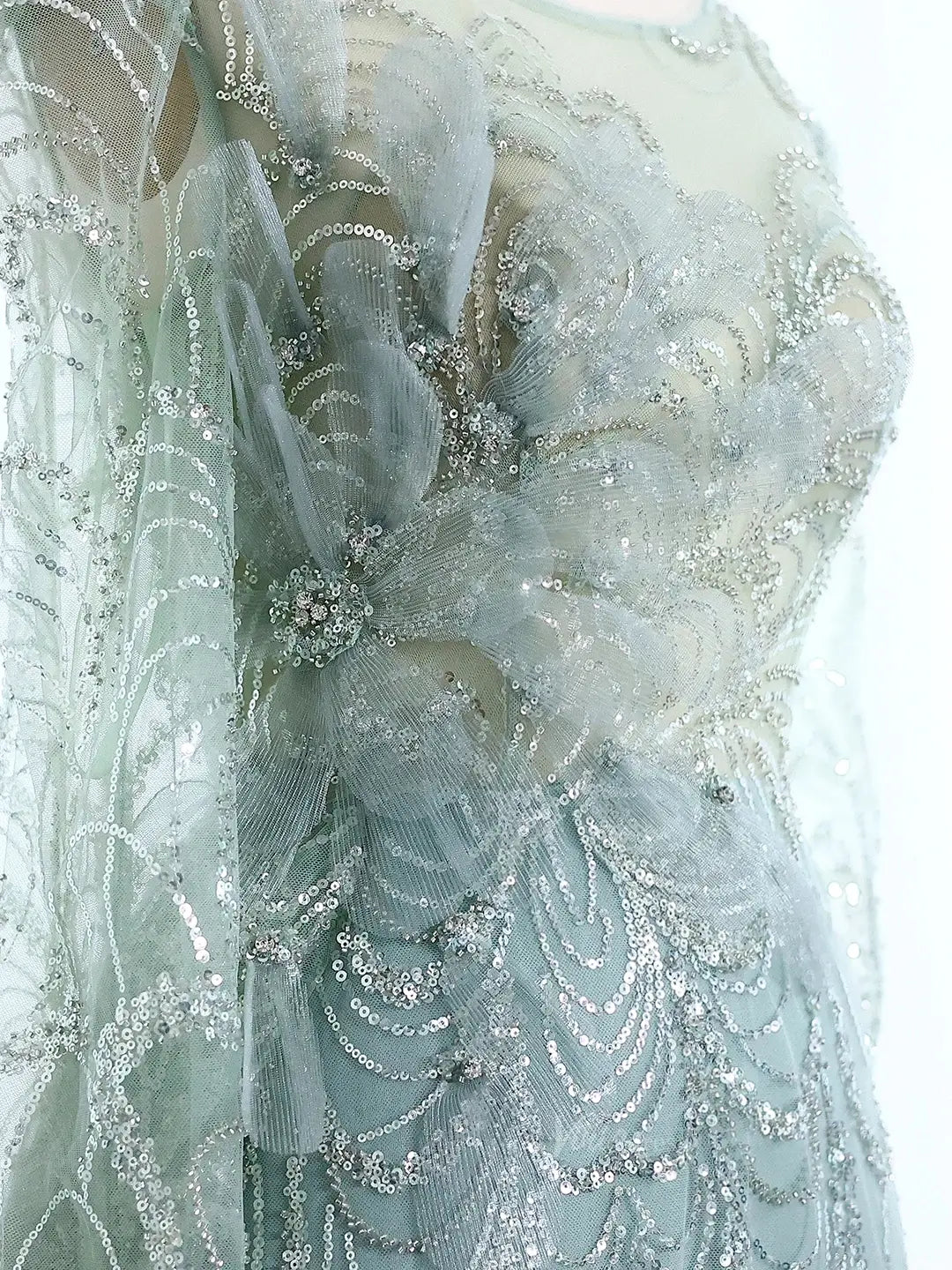 Long Sleeve Beaded Prom Dresses Overskirt Mermaid Vintage Formal Dresses BD002-Evening Dresses 2025 -Viniodress-Light Green-US 2-