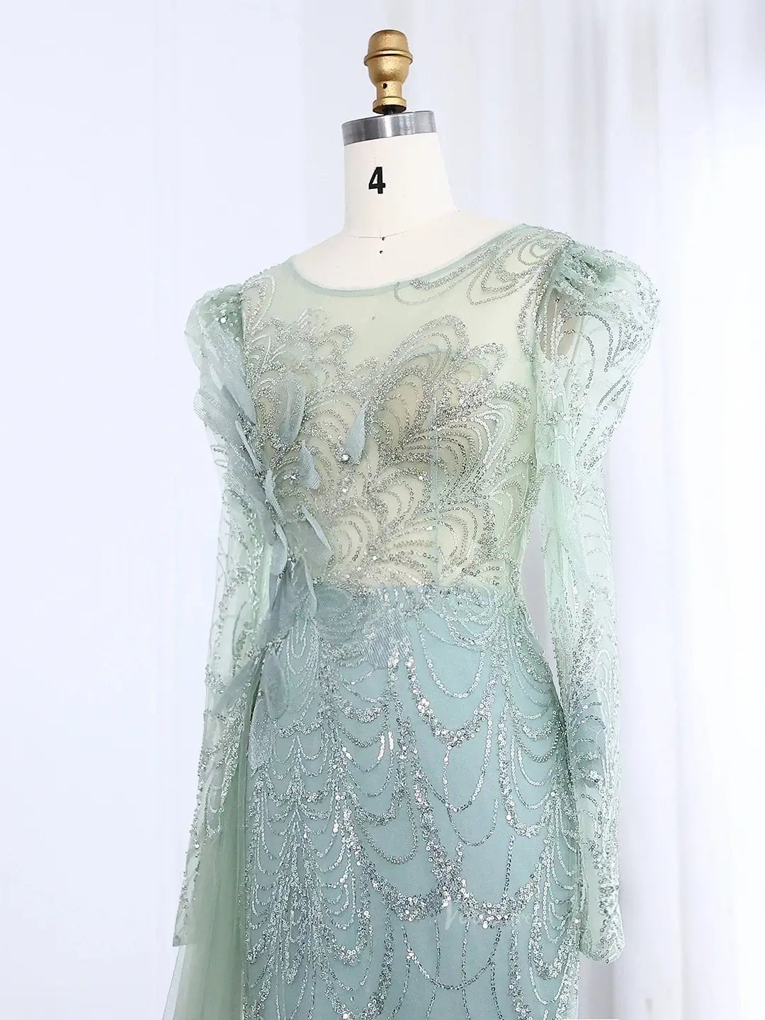 Long Sleeve Beaded Prom Dresses Overskirt Mermaid Vintage Formal Dresses BD002-Evening Dresses 2025 -Viniodress-Light Green-US 2-
