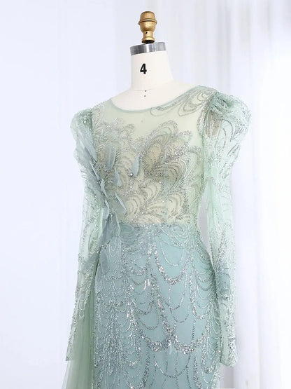 Long Sleeve Beaded Prom Dresses Overskirt Mermaid Vintage Formal Dresses BD002-Evening Dresses 2025 -Viniodress-Light Green-US 2-