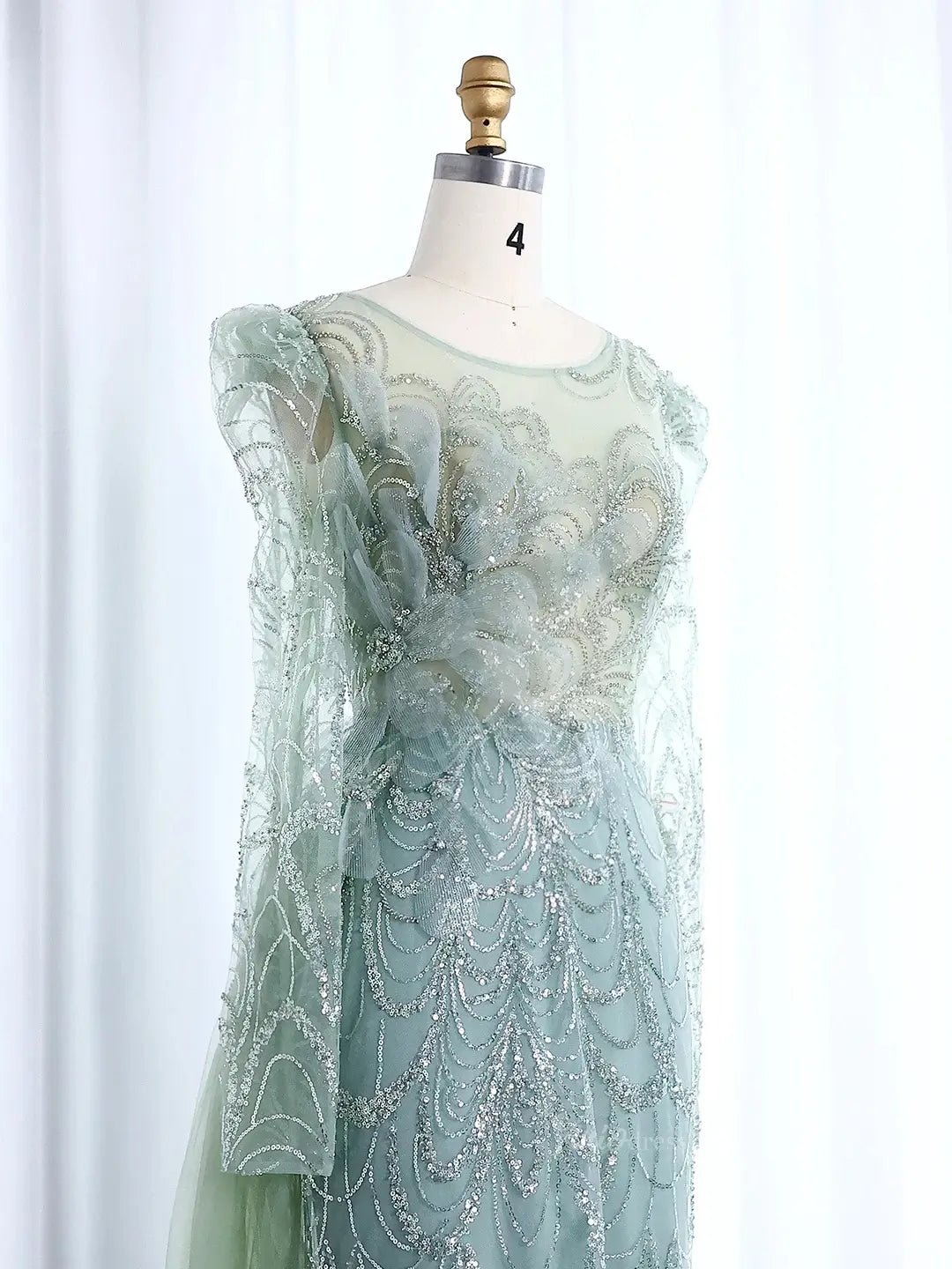 Long Sleeve Beaded Prom Dresses Overskirt Mermaid Vintage Formal Dresses BD002-Evening Dresses 2025 -Viniodress-Light Green-US 2-