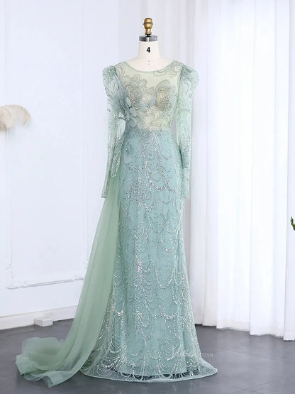 Long Sleeve Beaded Prom Dresses Overskirt Mermaid Vintage Formal Dresses BD002-Evening Dresses 2025 -Viniodress-Light Green-US 2-