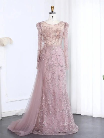 Long Sleeve Beaded Prom Dresses Overskirt Mermaid Vintage Formal Dresses BD002-Evening Dresses 2025 -Viniodress-Pink-US 2-