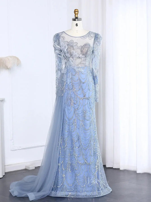 Long Sleeve Beaded Prom Dresses Overskirt Mermaid Vintage Formal Dresses BD002-Evening Dresses 2025 -Viniodress-Light Blue-US 2-
