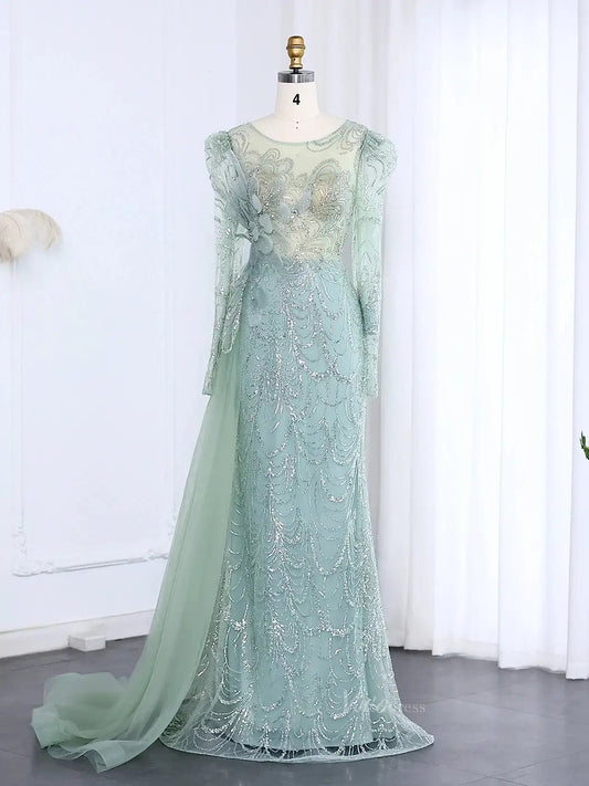 Long Sleeve Beaded Prom Dresses Overskirt Mermaid Vintage Formal Dresses BD002-Evening Dresses 2025 -Viniodress-Light Green-US 2-