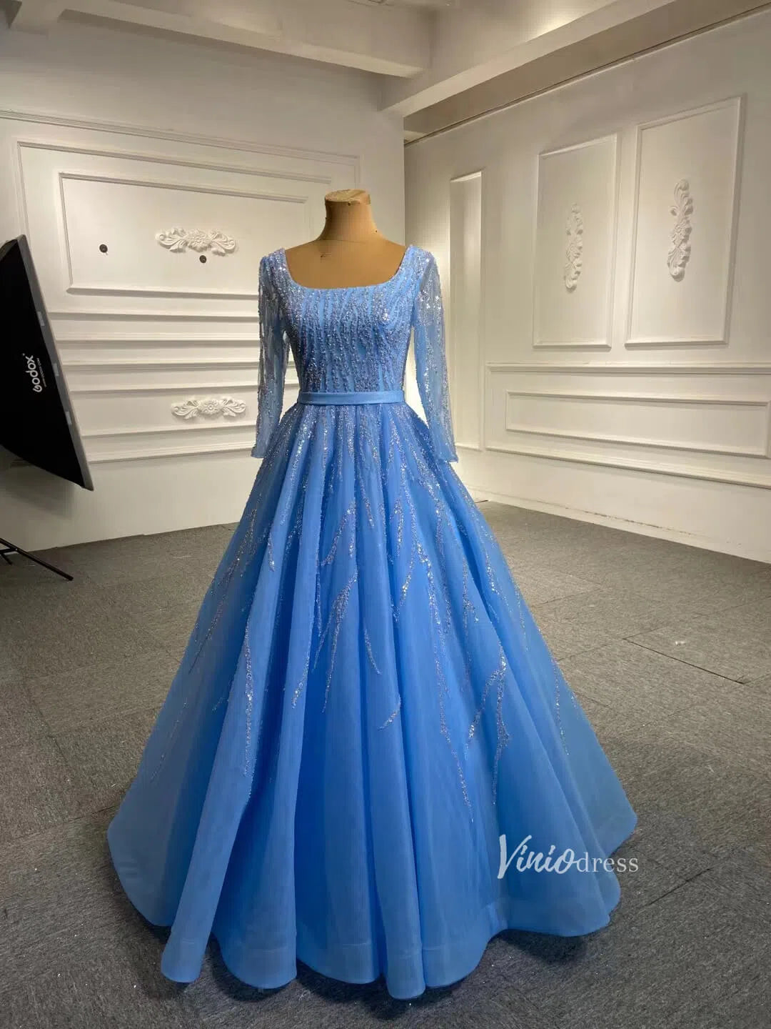 Long Sleeve Beaded Prom Dresses Peach Square Neck 67394 viniodress-prom dresses 2025 -Viniodress-Baby Blue-Custom Size-