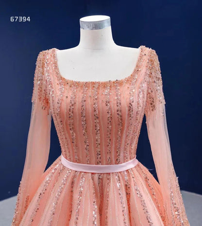 Long Sleeve Beaded Prom Dresses Peach Square Neck 67394 viniodress-prom dresses 2025 -Viniodress-Peach-Custom Size-