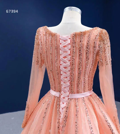 Long Sleeve Beaded Prom Dresses Peach Square Neck 67394 viniodress-prom dresses 2025 -Viniodress-Peach-Custom Size-