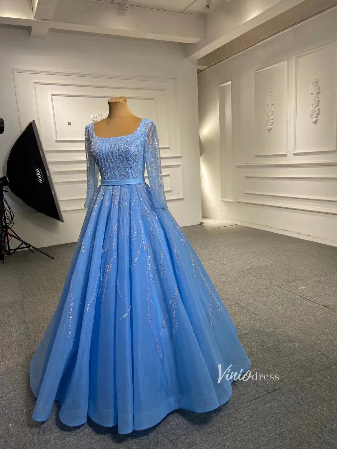 Long Sleeve Beaded Prom Dresses Peach Square Neck 67394 viniodress-prom dresses 2025 -Viniodress-Peach-Custom Size-