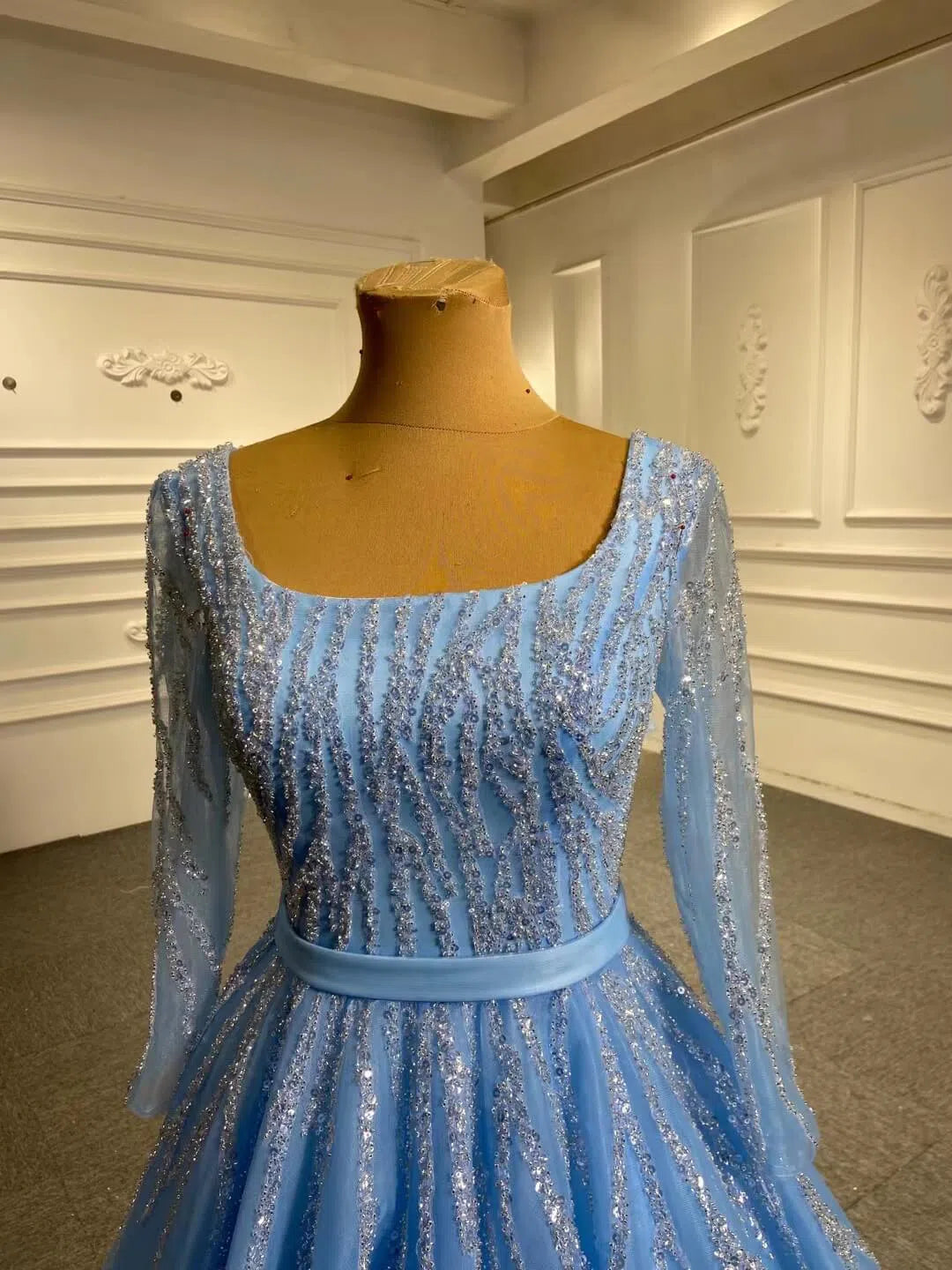 Long Sleeve Beaded Prom Dresses Peach Square Neck 67394 viniodress-prom dresses 2025 -Viniodress-Peach-Custom Size-