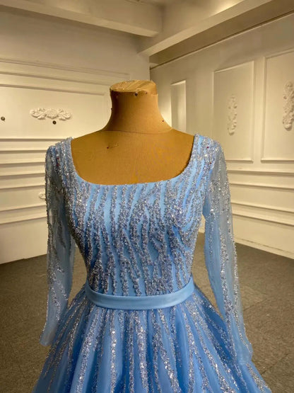 Long Sleeve Beaded Prom Dresses Peach Square Neck 67394 viniodress-prom dresses 2025 -Viniodress-Peach-Custom Size-