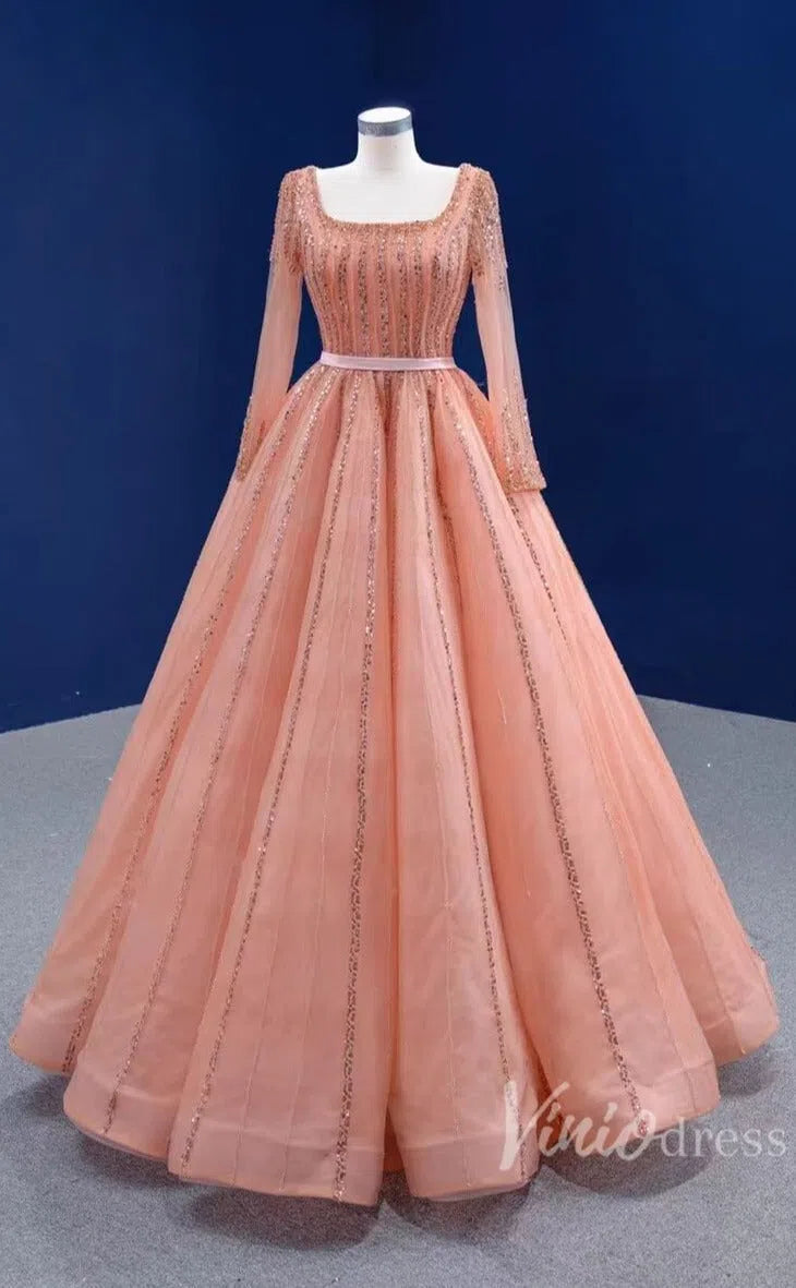 Long Sleeve Beaded Prom Dresses Peach Square Neck 67394 viniodress-prom dresses 2025 -Viniodress-Peach-Custom Size-
