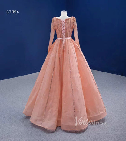 Long Sleeve Beaded Prom Dresses Peach Square Neck 67394 viniodress-prom dresses 2025 -Viniodress-Peach-Custom Size-