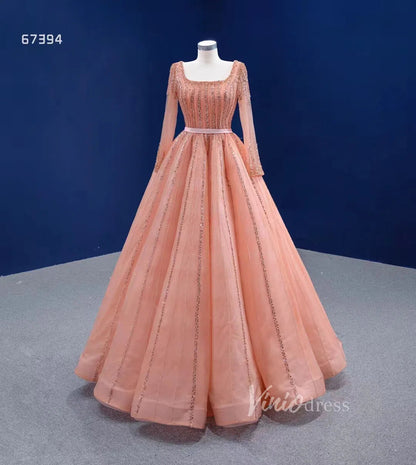 Long Sleeve Beaded Prom Dresses Peach Square Neck 67394 viniodress-prom dresses 2025 -Viniodress-Peach-Custom Size-