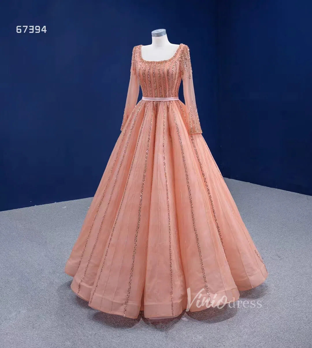 Long Sleeve Beaded Prom Dresses Peach Square Neck 67394 viniodress-prom dresses 2025 -Viniodress-Peach-Custom Size-