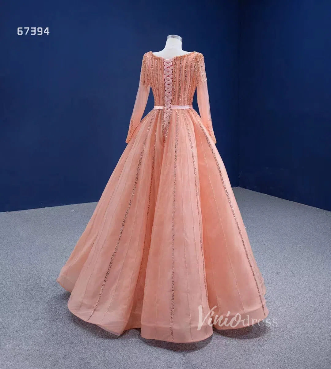 Prom Dress 2025 Long Sleeve Beaded Prom Dresses Peach Square Neck 67394 viniodress-unique prom dresses-Peach-Custom Size-Viniodress