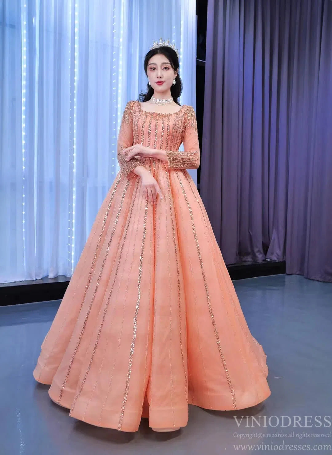 Long Sleeve Beaded Prom Dresses Peach Square Neck 67394 viniodress Viniodress