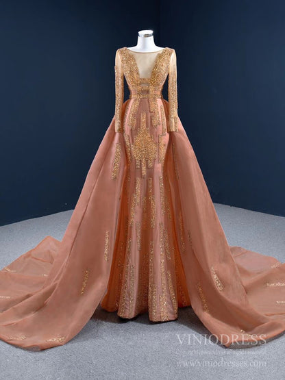 Long Sleeve Beaded Rust Prom Dresses Haute Couture Pageant Dress FD2458 viniodress-prom dresses 2025 -Viniodress-As Picture-Custom Size-