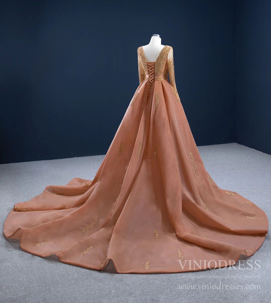 Long Sleeve Beaded Rust Prom Dresses Haute Couture Pageant Dress FD2458 viniodress-prom dresses 2025 -Viniodress-As Picture-Custom Size-