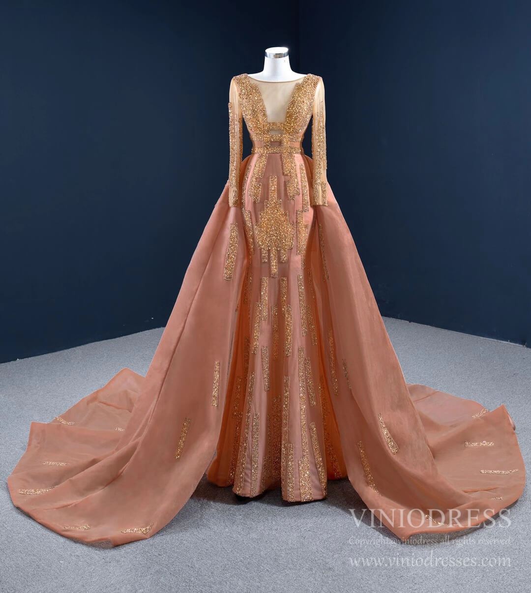 Long Sleeve Beaded Rust Prom Dresses Haute Couture Pageant Dress FD2458 viniodress-prom dresses 2025 -Viniodress-As Picture-Custom Size-