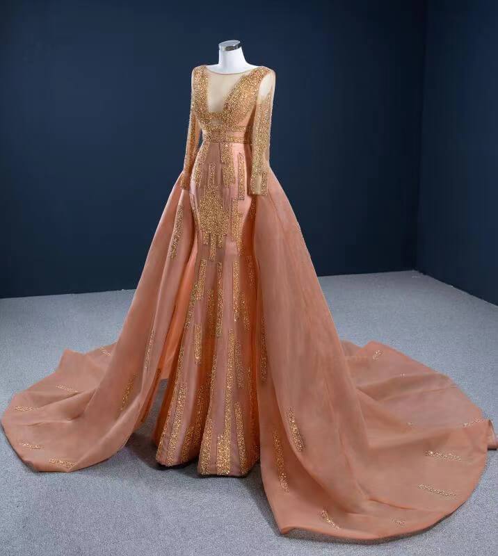 Long Sleeve Beaded Rust Prom Dresses Haute Couture Pageant Dress FD2458 viniodress-prom dresses 2025 -Viniodress-As Picture-Custom Size-