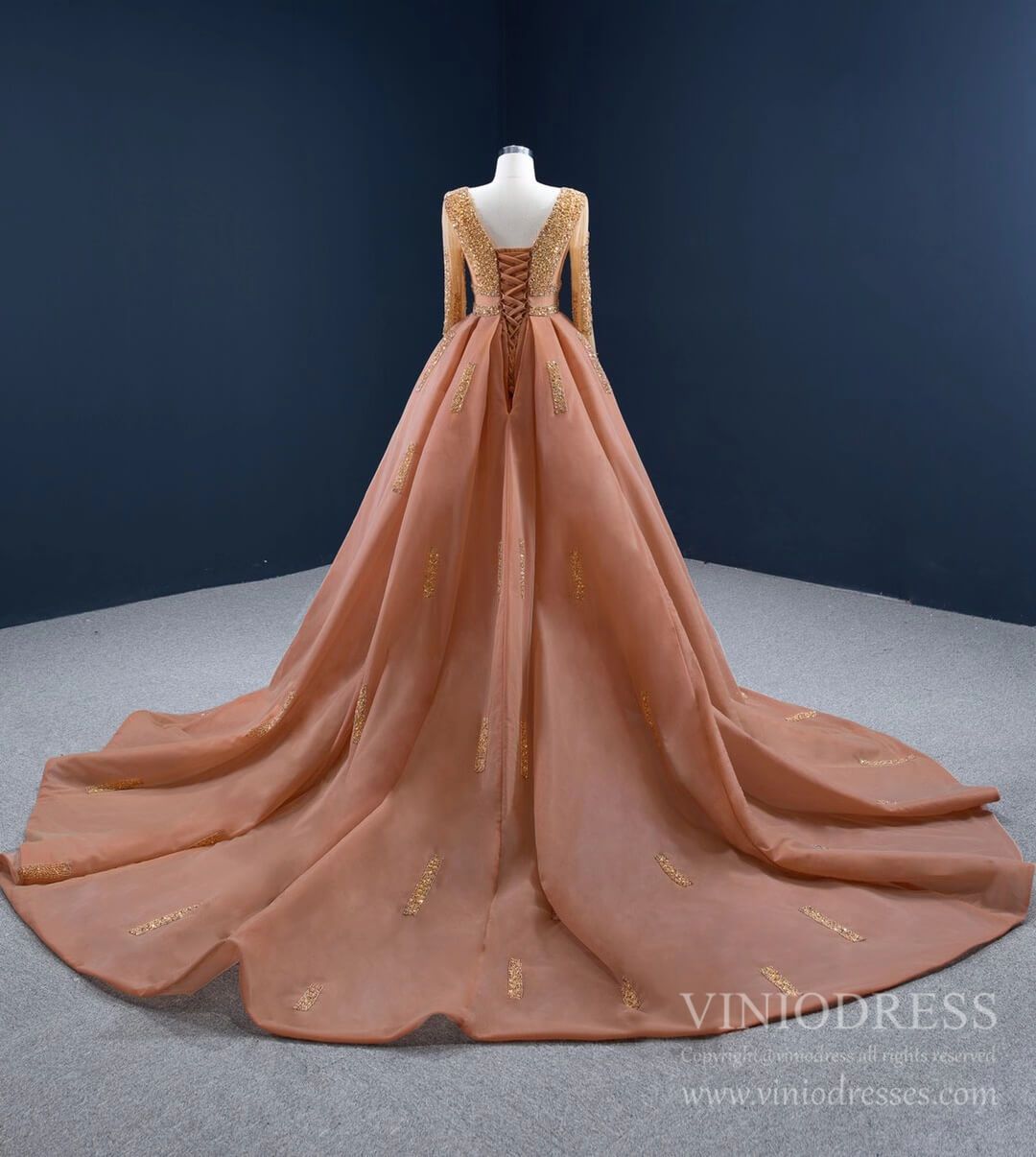 Long Sleeve Beaded Rust Prom Dresses Haute Couture Pageant Dress FD2458 viniodress-prom dresses 2025 -Viniodress-As Picture-Custom Size-