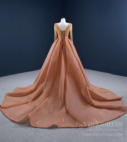 Long Sleeve Beaded Rust Prom Dresses Haute Couture Pageant Dress FD2458 viniodress-prom dresses 2025 -Viniodress-As Picture-Custom Size-