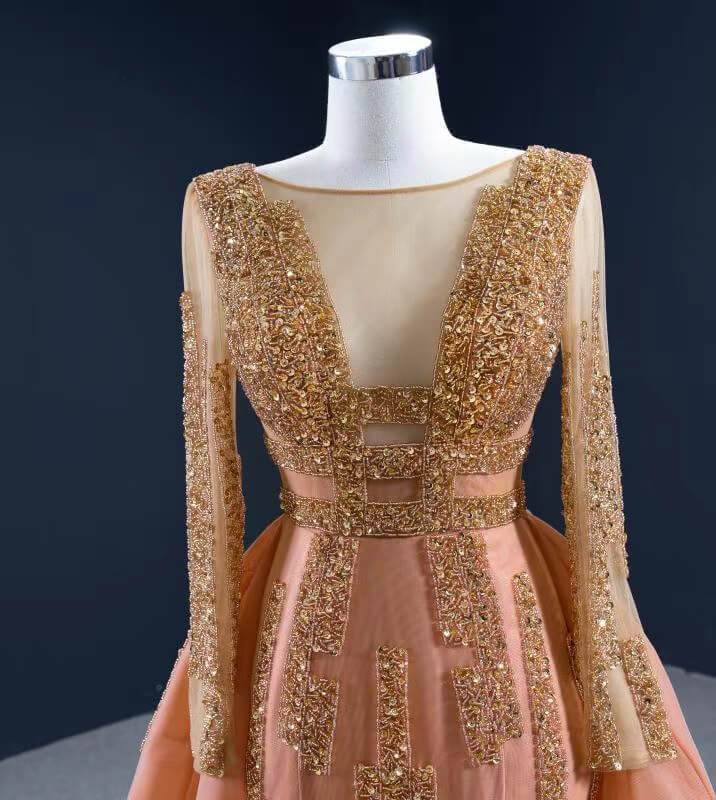 Long Sleeve Beaded Rust Prom Dresses Haute Couture Pageant Dress FD2458 viniodress-prom dresses 2025 -Viniodress-As Picture-Custom Size-