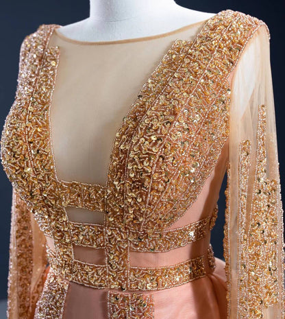 Long Sleeve Beaded Rust Prom Dresses Haute Couture Pageant Dress FD2458 viniodress-prom dresses 2025 -Viniodress-As Picture-Custom Size-