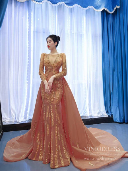 strapless open back dress Long Sleeve Beaded Rust Prom Dresses Haute Couture Pageant Dress FD245 –  Viniodress
