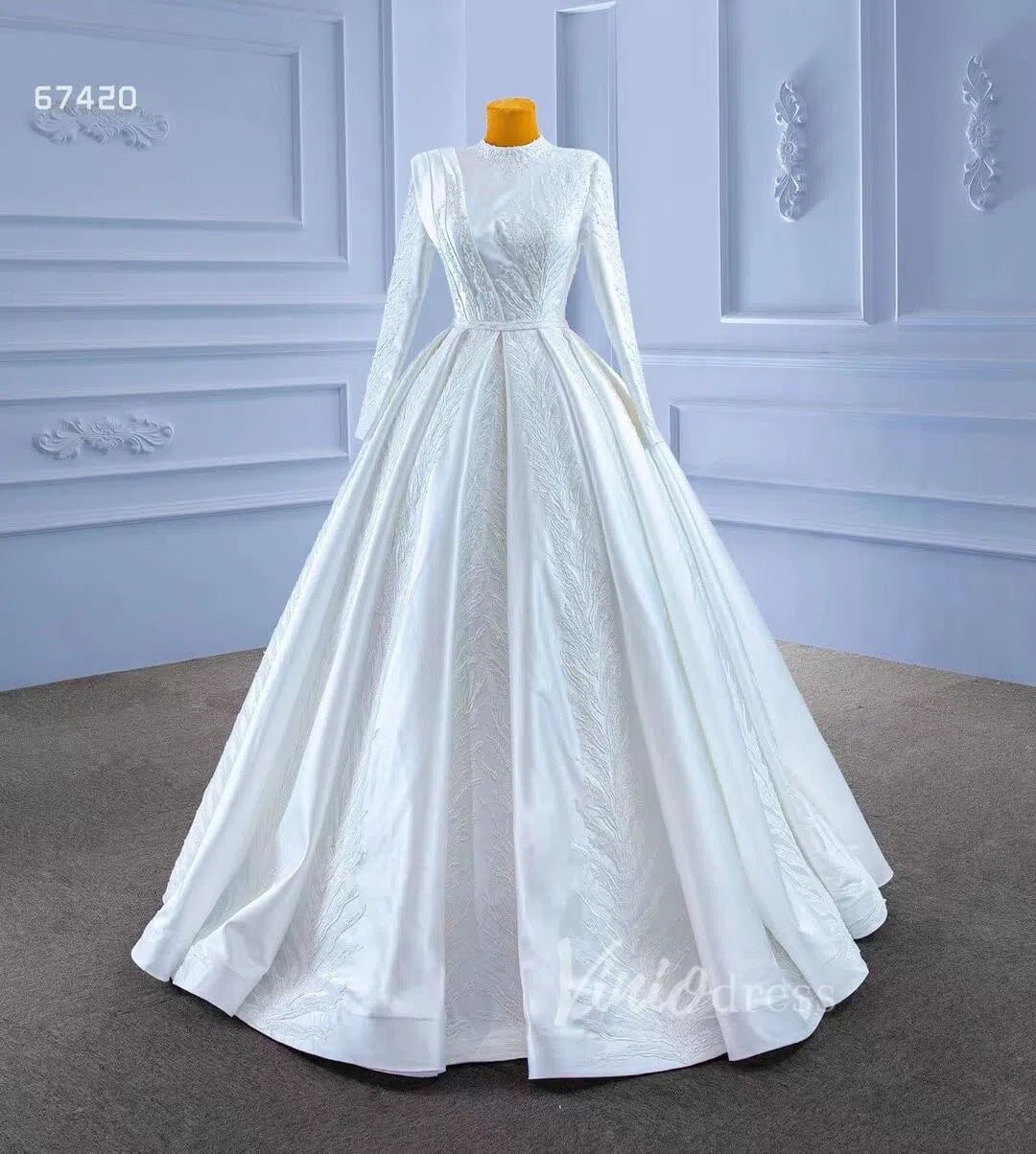 Long Sleeve Beaded Satin Wedding Dress High Neck 67420-wedding dresses-Viniodress-Viniodress