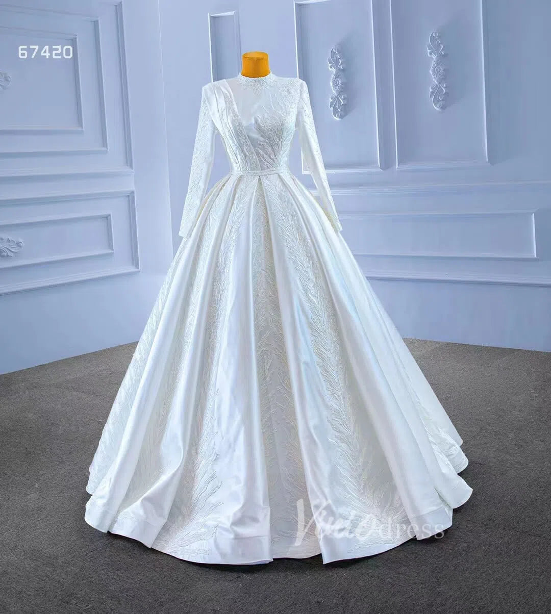 Long Sleeve Beaded Satin Wedding Dress High Neck 67420-wedding dresses-Viniodress-Viniodress