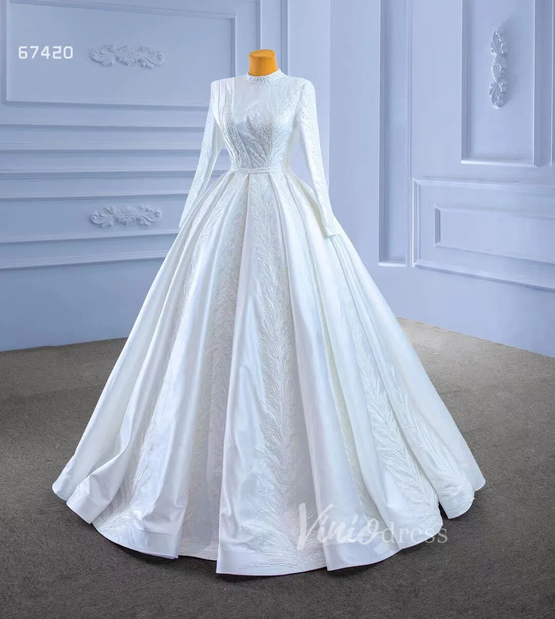 Long Sleeve Beaded Satin Wedding Dress High Neck 67420-wedding dresses-Viniodress-Viniodress