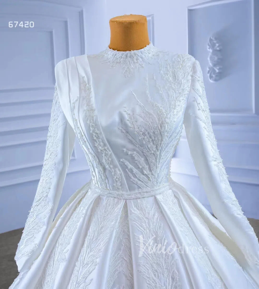 Long Sleeve Beaded Satin Wedding Dress High Neck 67420-wedding dresses-Viniodress-Viniodress