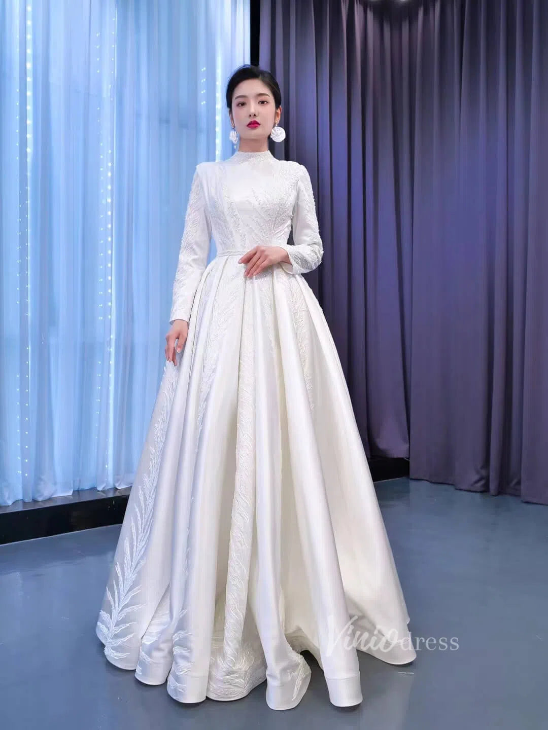 Long Sleeve Beaded Satin Wedding Dress High Neck 67420-wedding dresses-Viniodress-Ivory-US 2-Viniodress