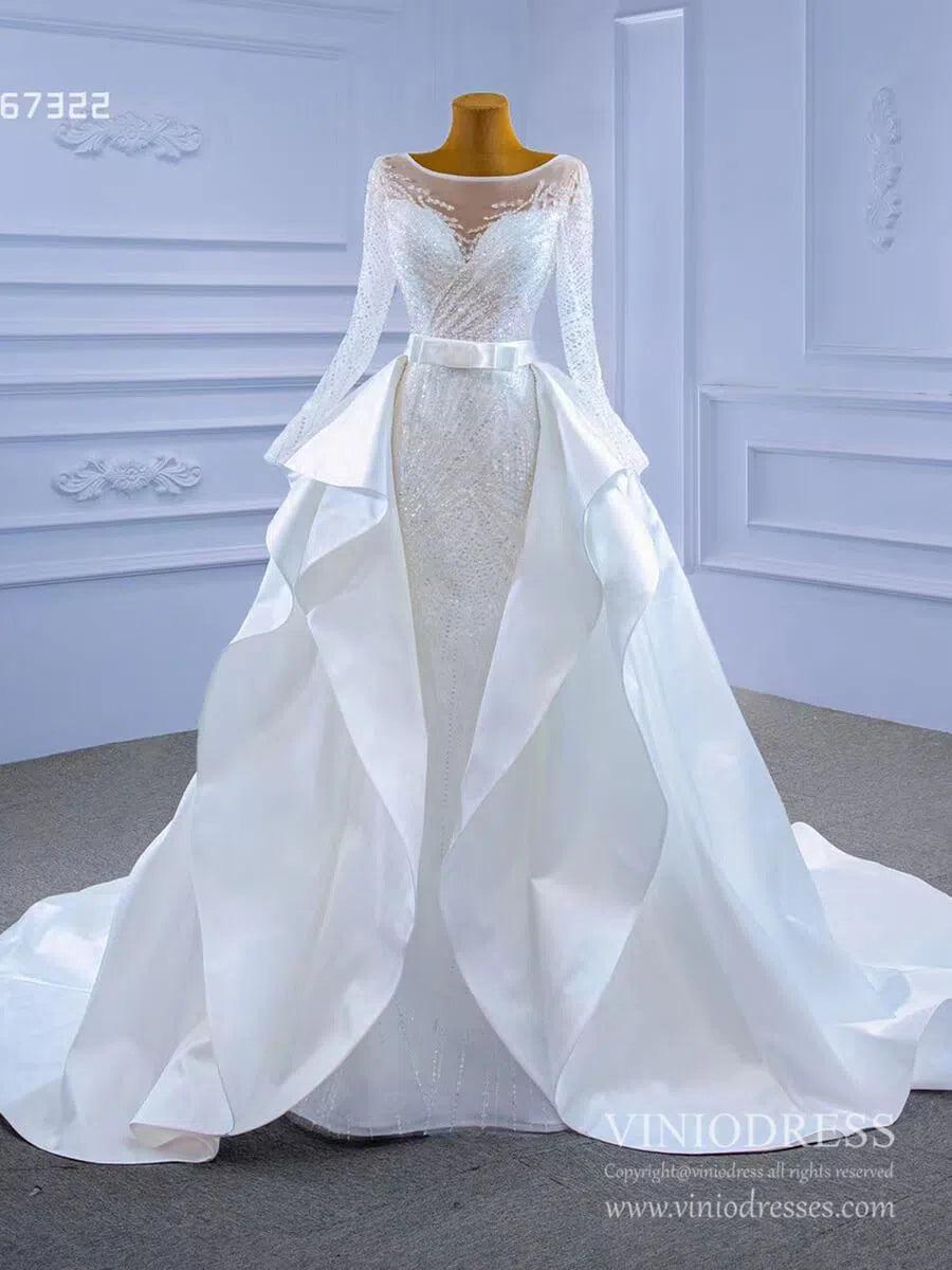 Long Sleeve Beaded Wedding Dresses with Satin Overskirt Detachable 67322-wedding dresses 2025 -Viniodress-Ivory-Custom Size-