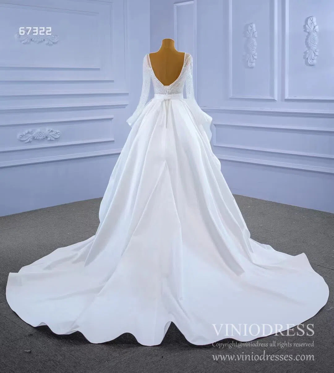 Long Sleeve Beaded Wedding Dresses with Satin Overskirt Detachable 67322-wedding dresses 2025 -Viniodress-Ivory-Custom Size-