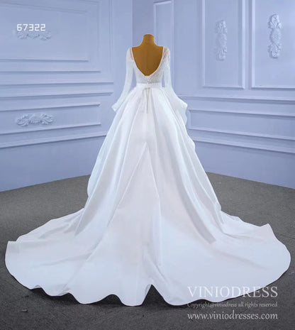 Long Sleeve Beaded Wedding Dresses with Satin Overskirt Detachable 67322-wedding dresses 2025 -Viniodress-Ivory-Custom Size-