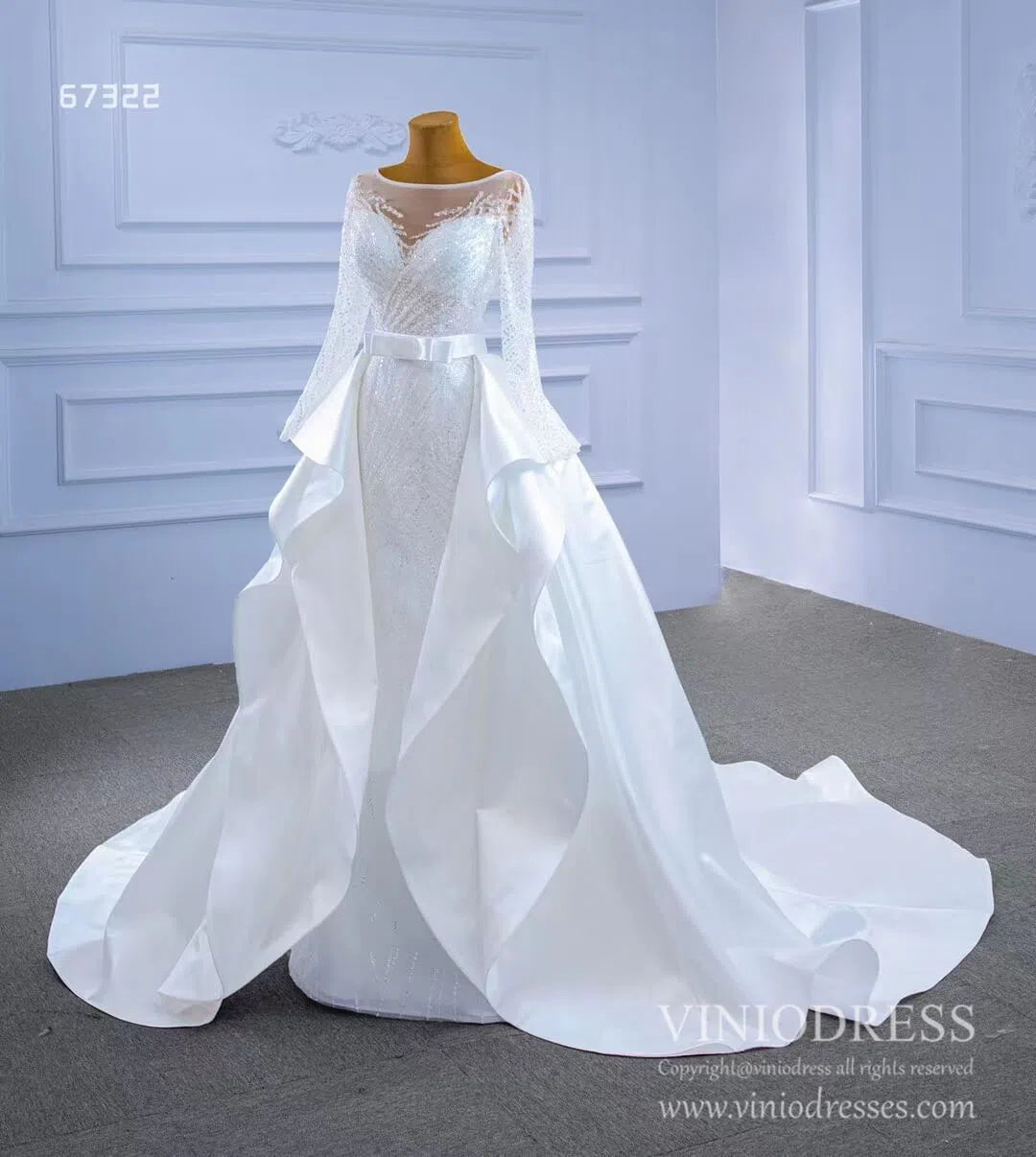 Long Sleeve Beaded Wedding Dresses with Satin Overskirt Detachable 67322-wedding dresses 2025 -Viniodress-Ivory-Custom Size-